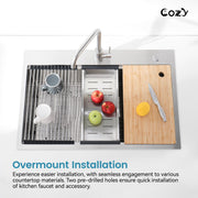 COZY 30" x 22" Stainless Steel Workstation Sink Overmount Single Bowl with Cutting Board Colander and Grid, CZY-SS-BR-08