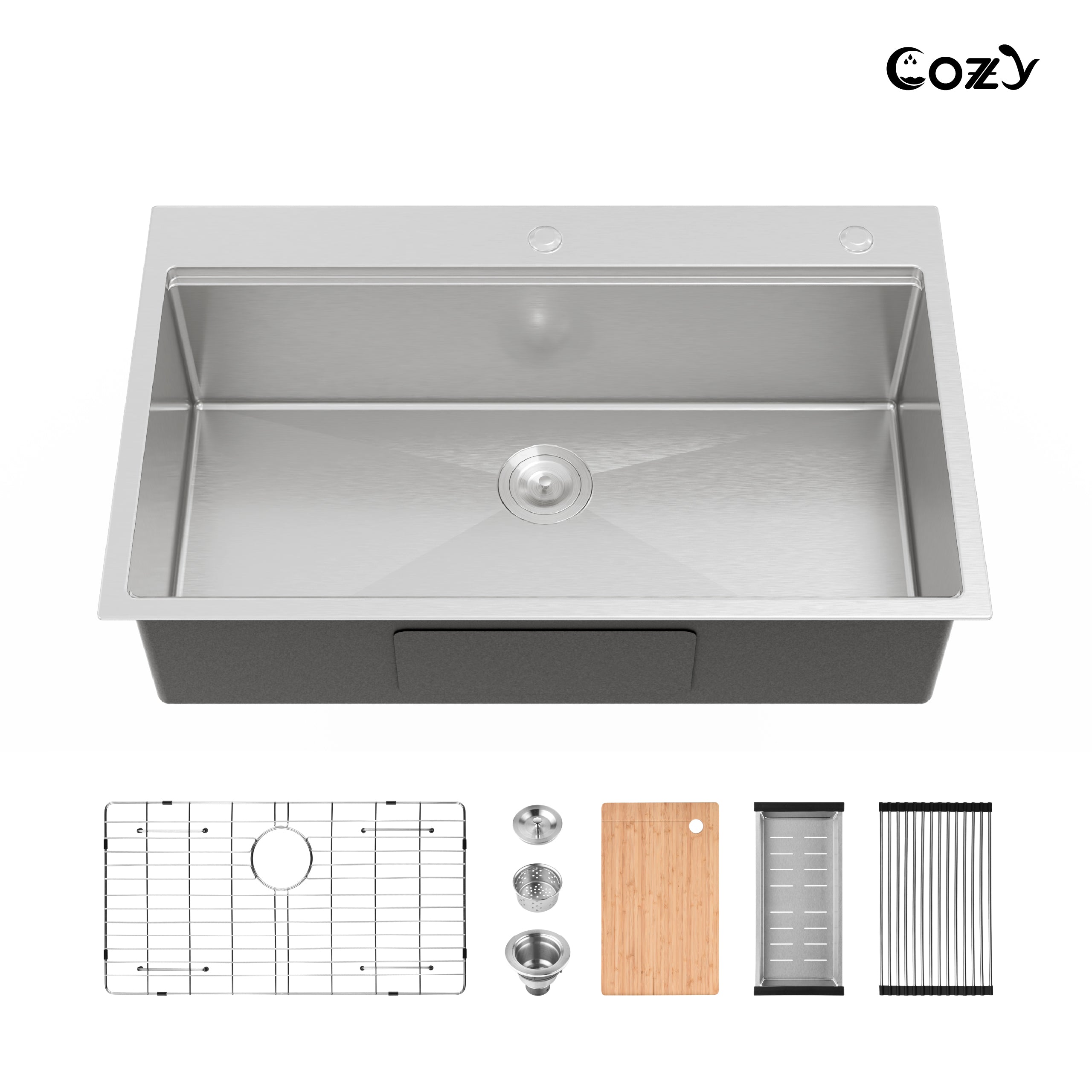 COZY 36"x22" Stainless Steel Kitchen Sink, Single Bowl, Overmount Handmade Sink in Brushed, with Cutting Board, Colander, and Grid, CZY-SS-BR01D-362208-WG