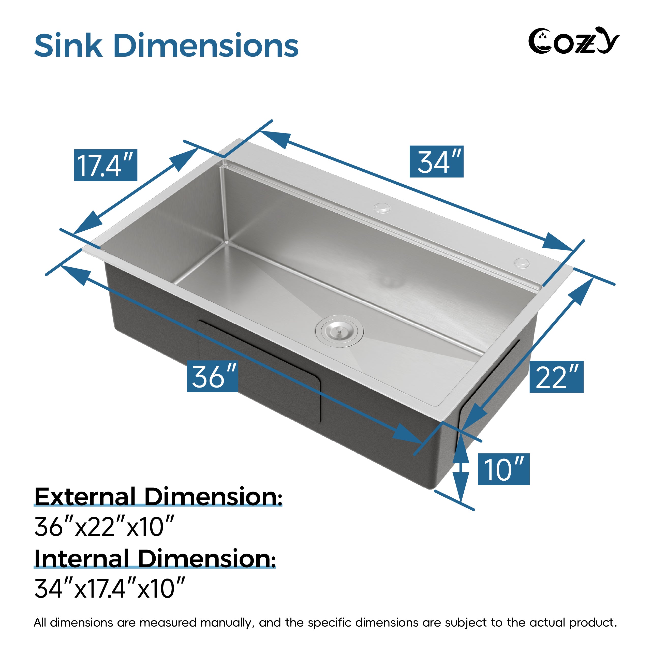 COZY 36"x22" Stainless Steel Kitchen Sink, Single Bowl, Overmount Handmade Sink in Brushed, with Cutting Board, Colander, and Grid, CZY-SS-BR01D-362208-WG
