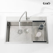 COZY 36"x22" Stainless Steel Kitchen Sink, Single Bowl, Overmount Handmade Sink in Brushed, with Cutting Board, Colander, and Grid, CZY-SS-BR01D-362208-WG