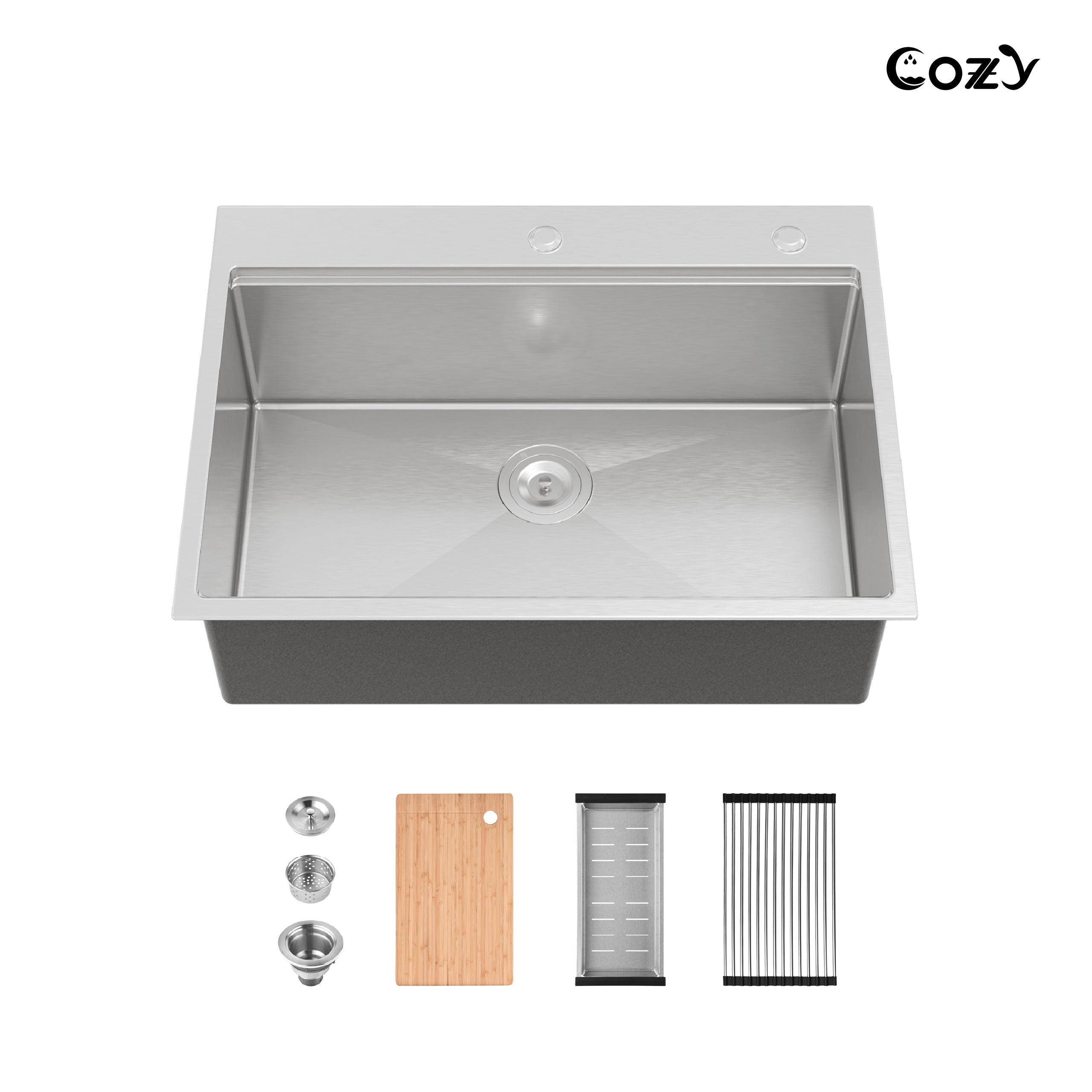 COZY 30″x22″ Stainless Steel Single Bowl Overmount Kitchen Sink, Brushed, with Board & Colander, CZY-SS-BR01D-302208