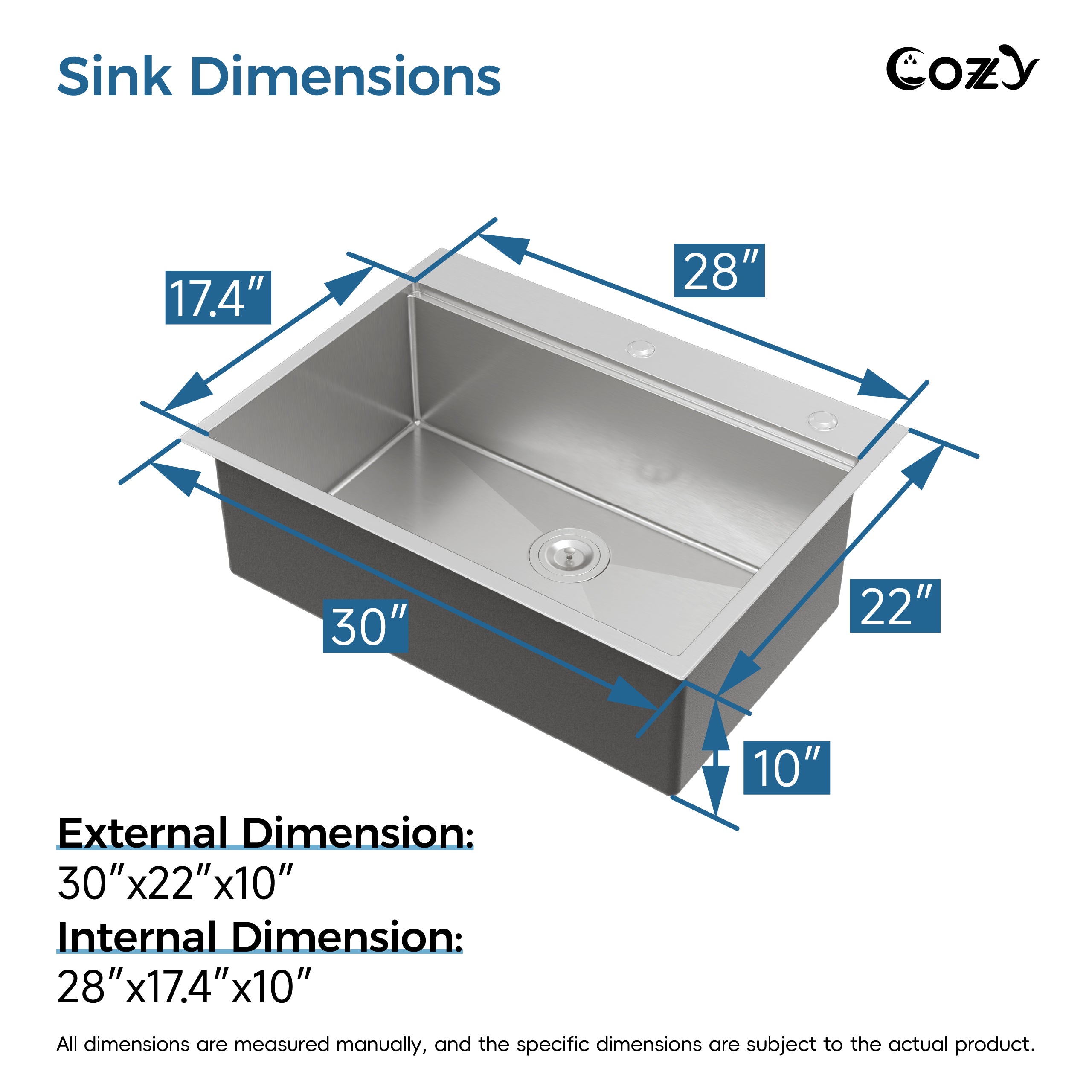 COZY 30″x22″ Stainless Steel Single Bowl Overmount Kitchen Sink, Brushed, with Board & Colander, CZY-SS-BR01D-302208