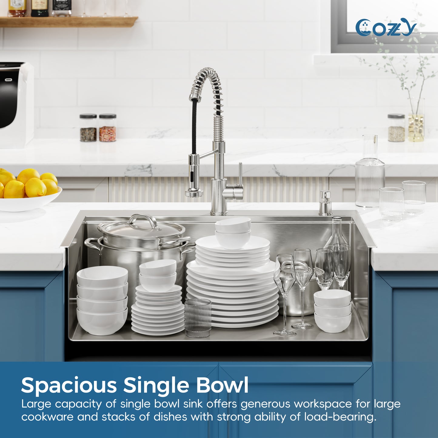 COZY 30″x22″ Stainless Steel Single Bowl Overmount Kitchen Sink, Brushed, with Board & Colander, CZY-SS-BR01D-302208