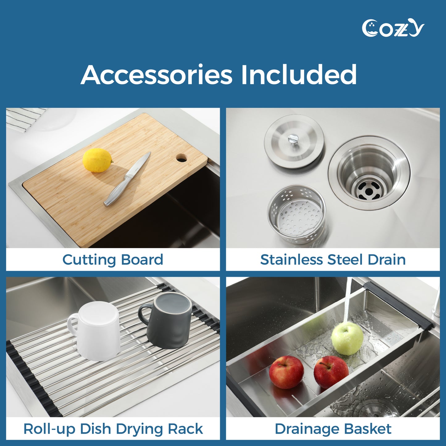 COZY 30″x22″ Stainless Steel Single Bowl Overmount Kitchen Sink, Brushed, with Board & Colander, CZY-SS-BR01D-302208
