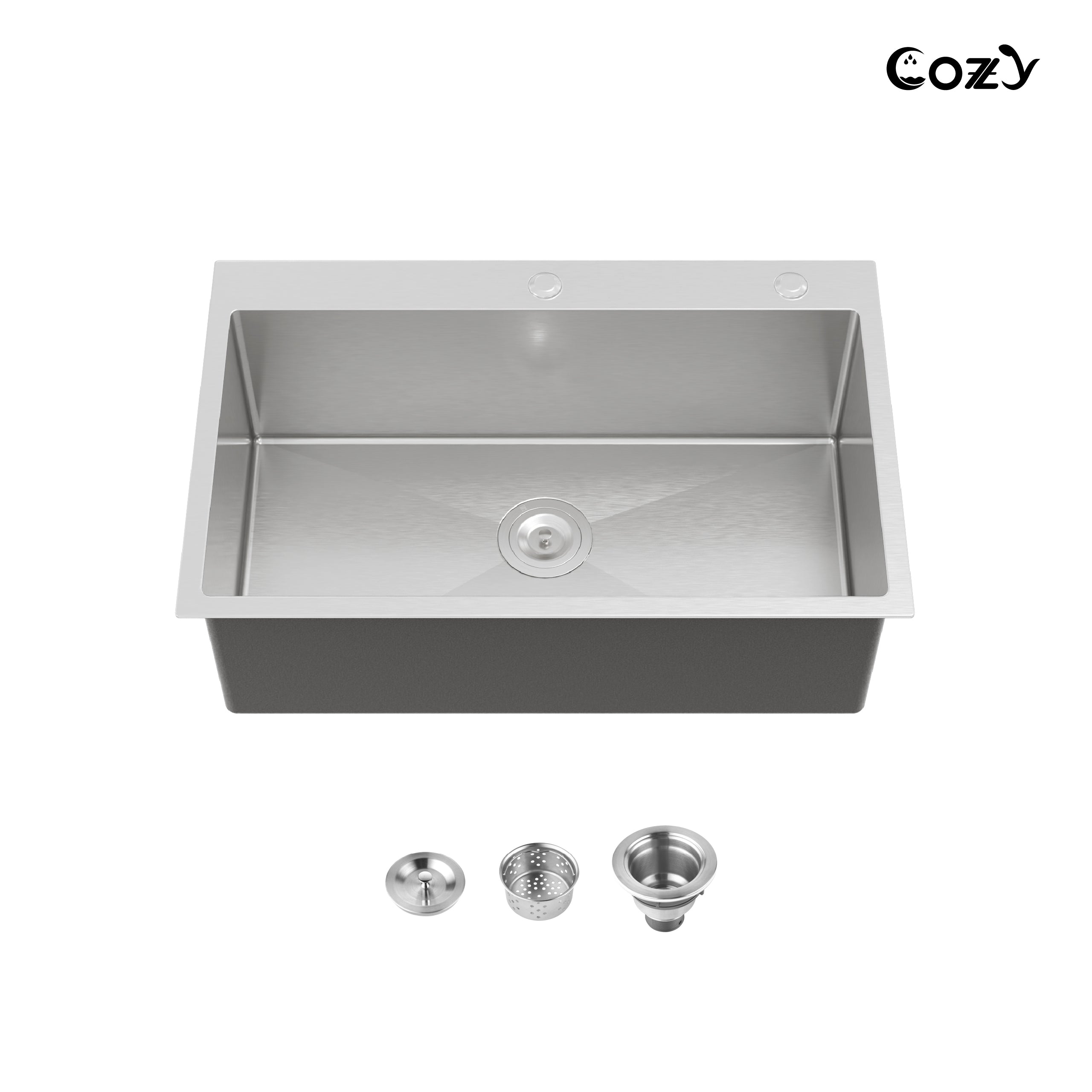 COZY 30英寸 x 19英寸 不锈钢厨房水槽 单槽 台上式 手工水槽 带下水器和挂钩, CZY-SS-BR02D-301908