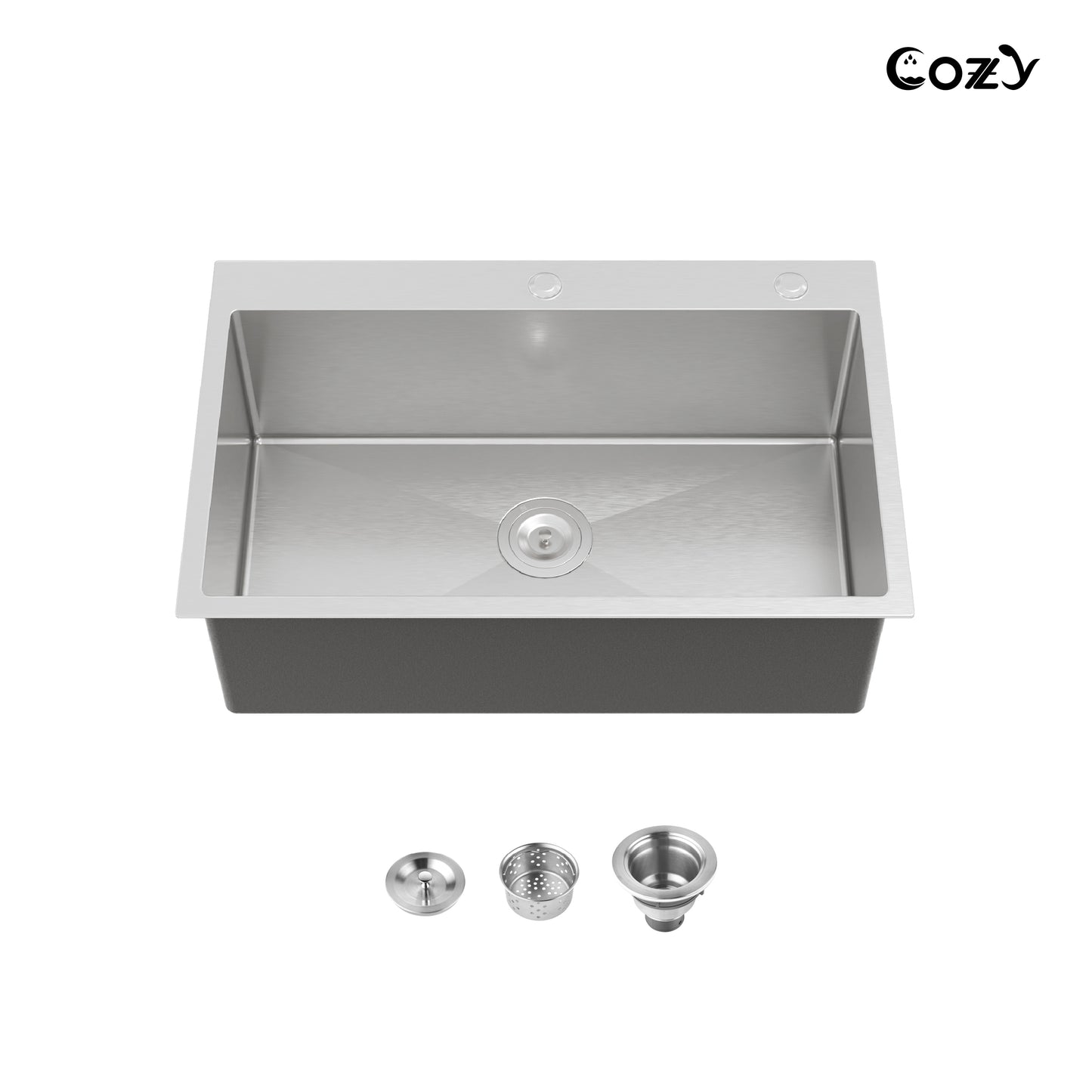 COZY 30英寸 x 19英寸 不锈钢厨房水槽 单槽 台上式 手工水槽 带下水器和挂钩, CZY-SS-BR02D-301908