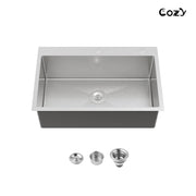 COZY 30英寸 x 19英寸 不锈钢厨房水槽 单槽 台上式 手工水槽 带下水器和挂钩, CZY-SS-BR02D-301908
