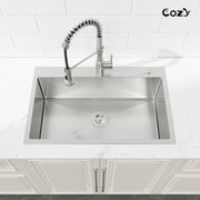 COZY 30英寸 x 19英寸 不锈钢厨房水槽 单槽 台上式 手工水槽 带下水器和挂钩, CZY-SS-BR02D-301908