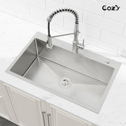 COZY 30英寸 x 19英寸 不锈钢厨房水槽 单槽 台上式 手工水槽 带下水器和挂钩, CZY-SS-BR02D-301908