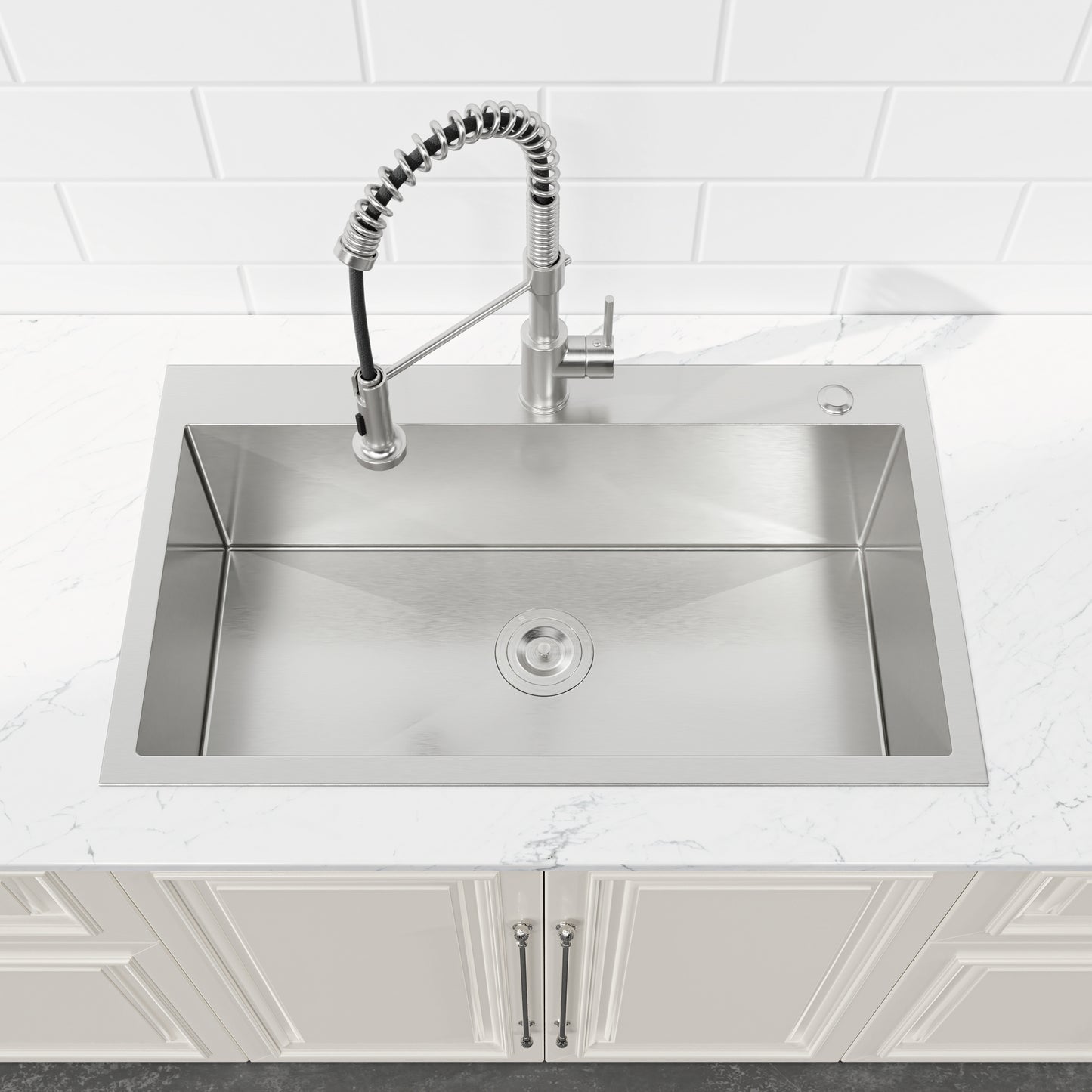 COZY 32" x 19" 不锈钢手工台上厨房水槽，单槽，拉丝镍，带下水套件，CZY-SS-BR02D-321908