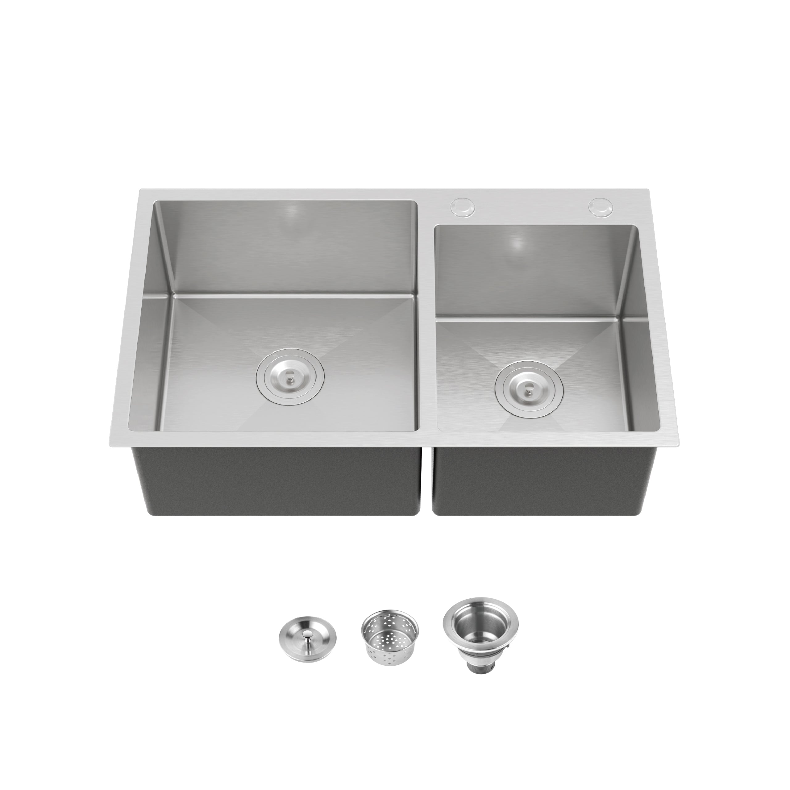 COZY 32" x 19" Overmount Handmade Sink, Stainless Steel Double Bowl, Brushed Nickel with Drain and Hook, CZY-SS-BR03D-321908