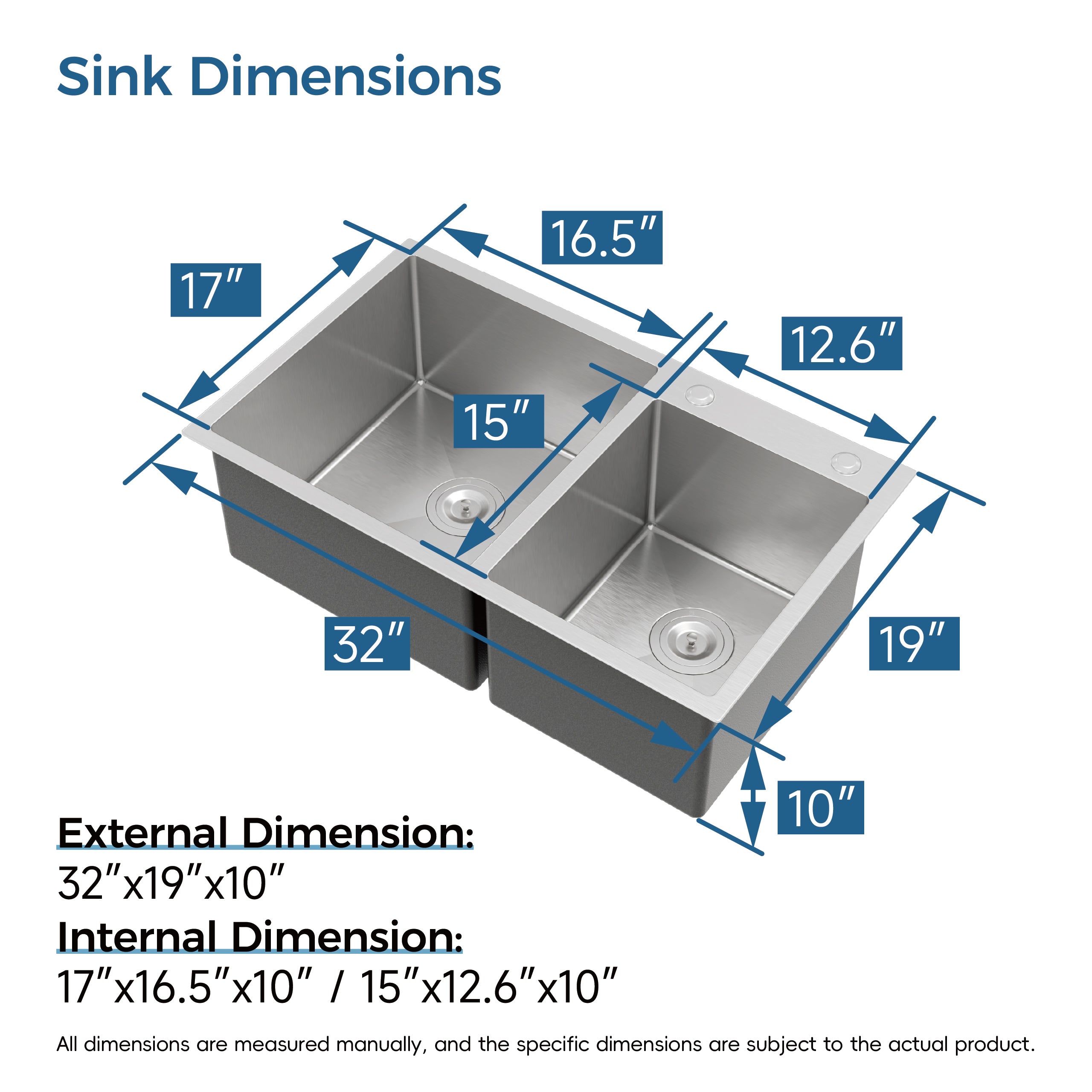 COZY 32" x 19" Overmount Handmade Sink, Stainless Steel Double Bowl, Brushed Nickel with Drain and Hook, CZY-SS-BR03D-321908