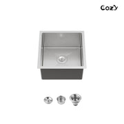 COZY 18" x 18" 手工台下式厨房水槽 高级304不锈钢单槽拉丝镍带落水器套件, 型号CZY-SS-BR04D-181808