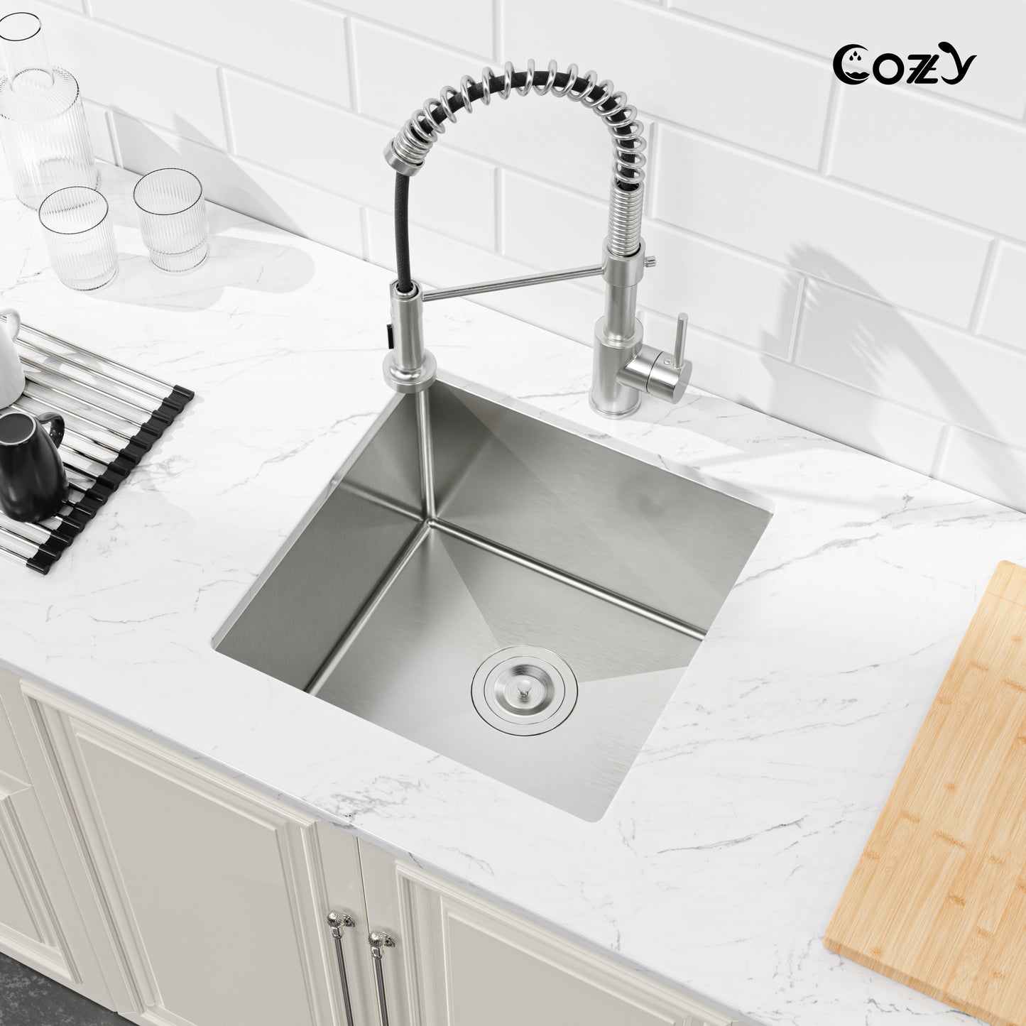 COZY 18" x 18" 手工台下式厨房水槽 高级304不锈钢单槽拉丝镍带落水器套件, 型号CZY-SS-BR04D-181808