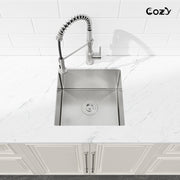 COZY 18" x 18" 手工台下式厨房水槽 高级304不锈钢单槽拉丝镍带落水器套件, 型号CZY-SS-BR04D-181808