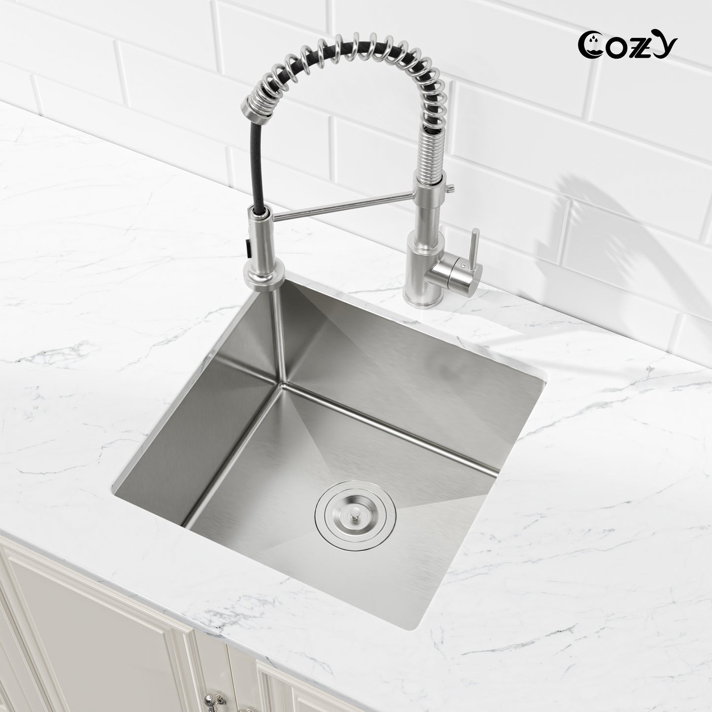COZY 18" x 18" 手工台下式厨房水槽 高级304不锈钢单槽拉丝镍带落水器套件, 型号CZY-SS-BR04D-181808