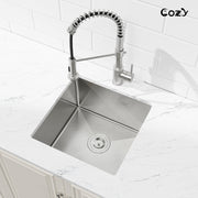 COZY 18" x 18" 手工台下式厨房水槽 高级304不锈钢单槽拉丝镍带落水器套件, 型号CZY-SS-BR04D-181808