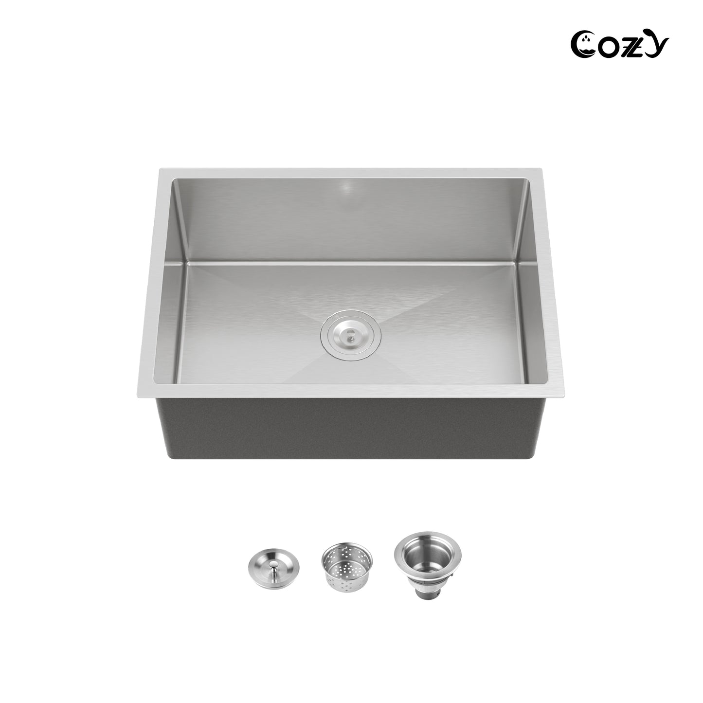 COZY 27英寸x19英寸不锈钢手工厨房台下水槽优质304单槽拉丝镍带落水组件，CZY-SS-BR04D-271908