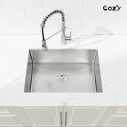 COZY 27英寸x19英寸不锈钢手工厨房台下水槽优质304单槽拉丝镍带落水组件，CZY-SS-BR04D-271908