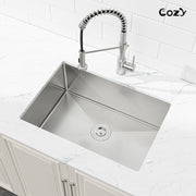 COZY 27英寸x19英寸不锈钢手工厨房台下水槽优质304单槽拉丝镍带落水组件，CZY-SS-BR04D-271908