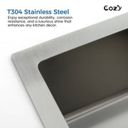 COZY 27英寸x19英寸不锈钢手工厨房台下水槽优质304单槽拉丝镍带落水组件，CZY-SS-BR04D-271908