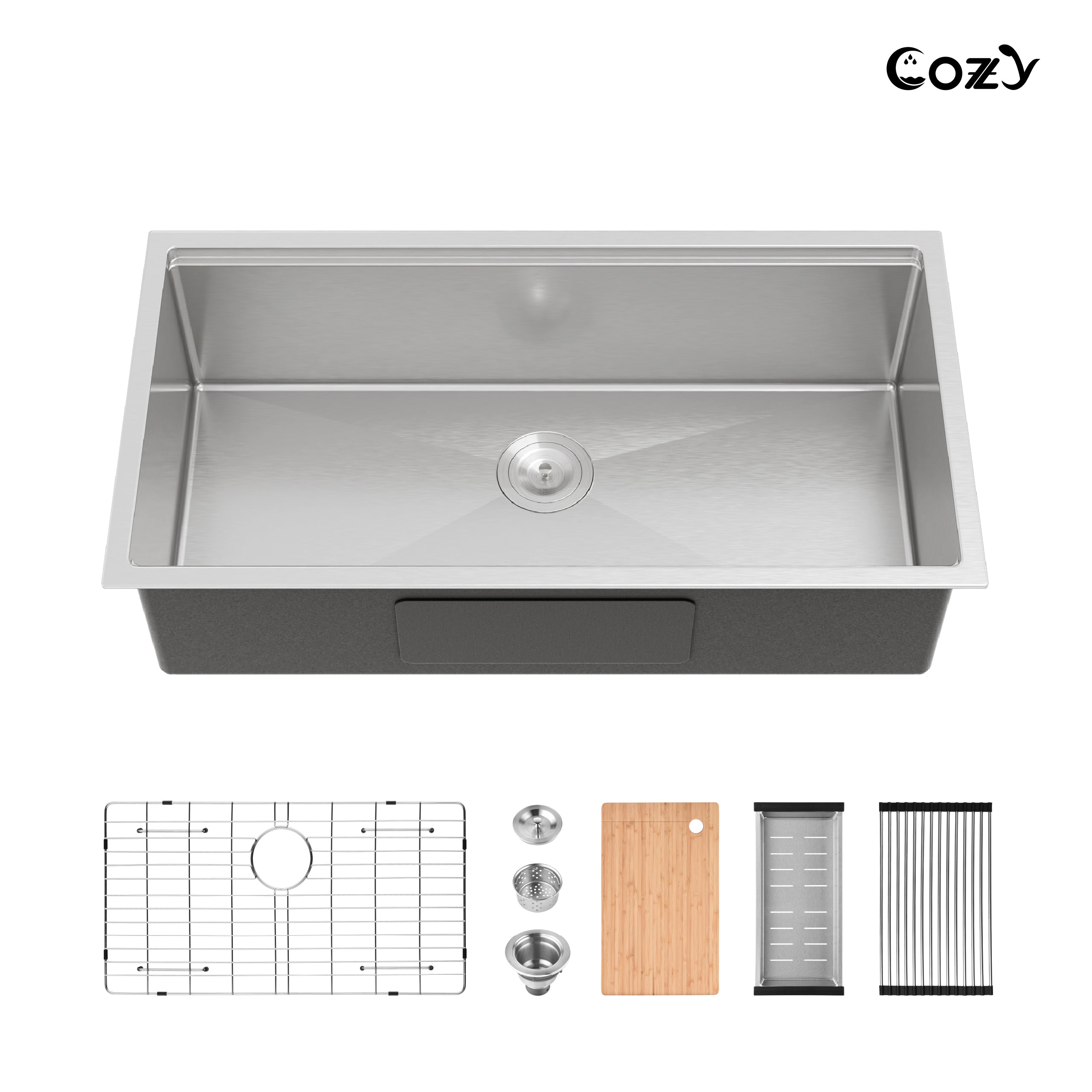 COZY 36" x 19" Stainless Steel Workstation Sink Undermount Single Bowl Brushed Finish with Cutting Board Colander and Grid, CZY-SS-BR07D-361908-WG