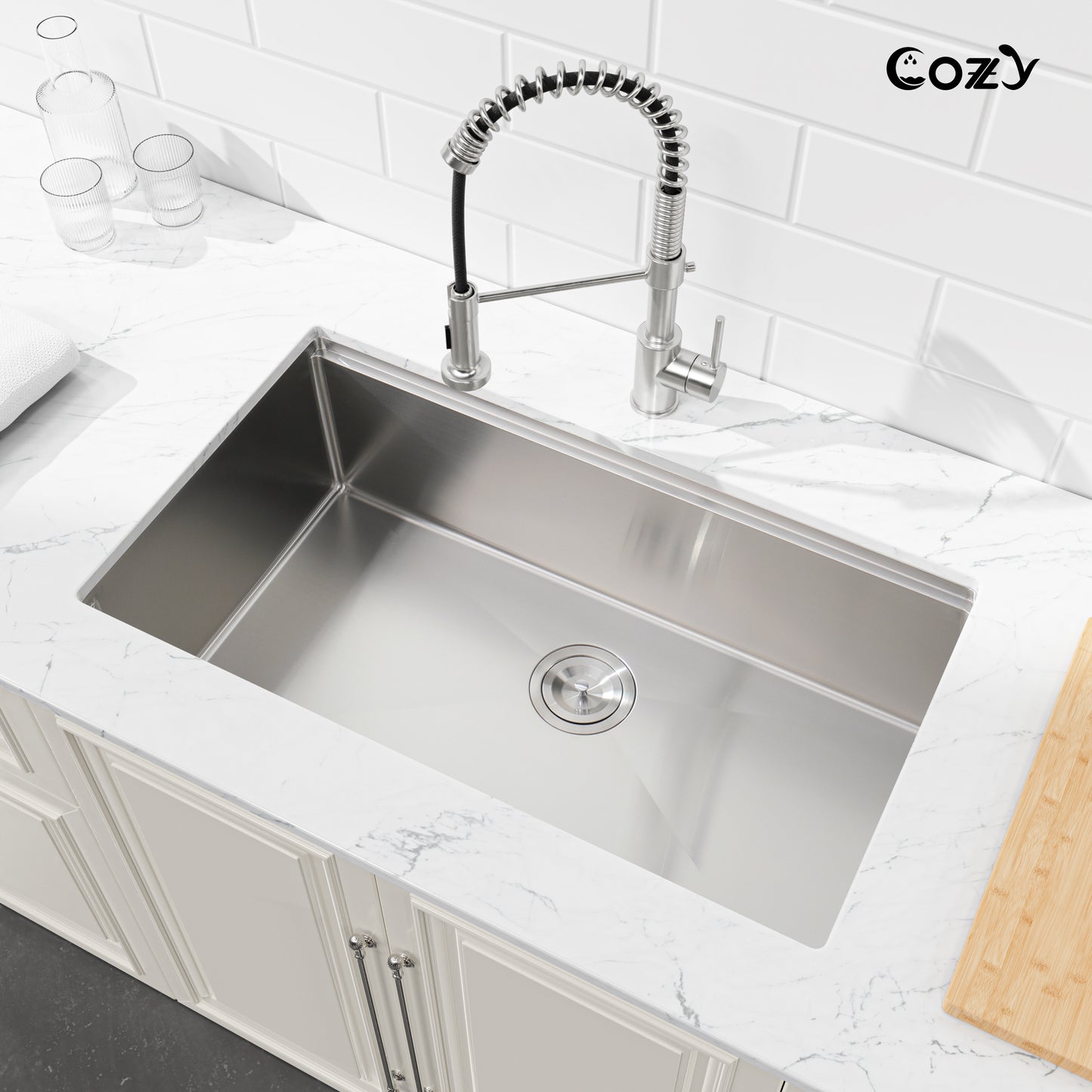 COZY 36" x 19" Stainless Steel Workstation Sink Undermount Single Bowl Brushed Finish with Cutting Board Colander and Grid, CZY-SS-BR07D-361908-WG