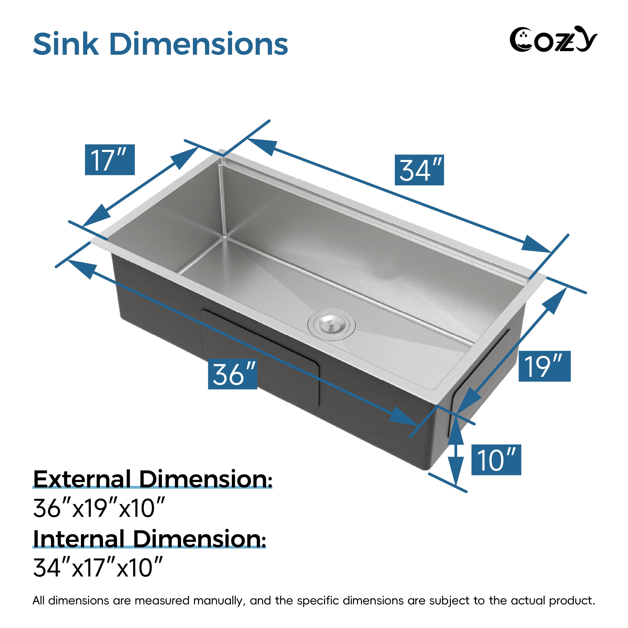 COZY 36" x 19" Stainless Steel Workstation Sink Undermount Single Bowl Brushed Finish with Cutting Board Colander and Grid, CZY-SS-BR07D-361908-WG
