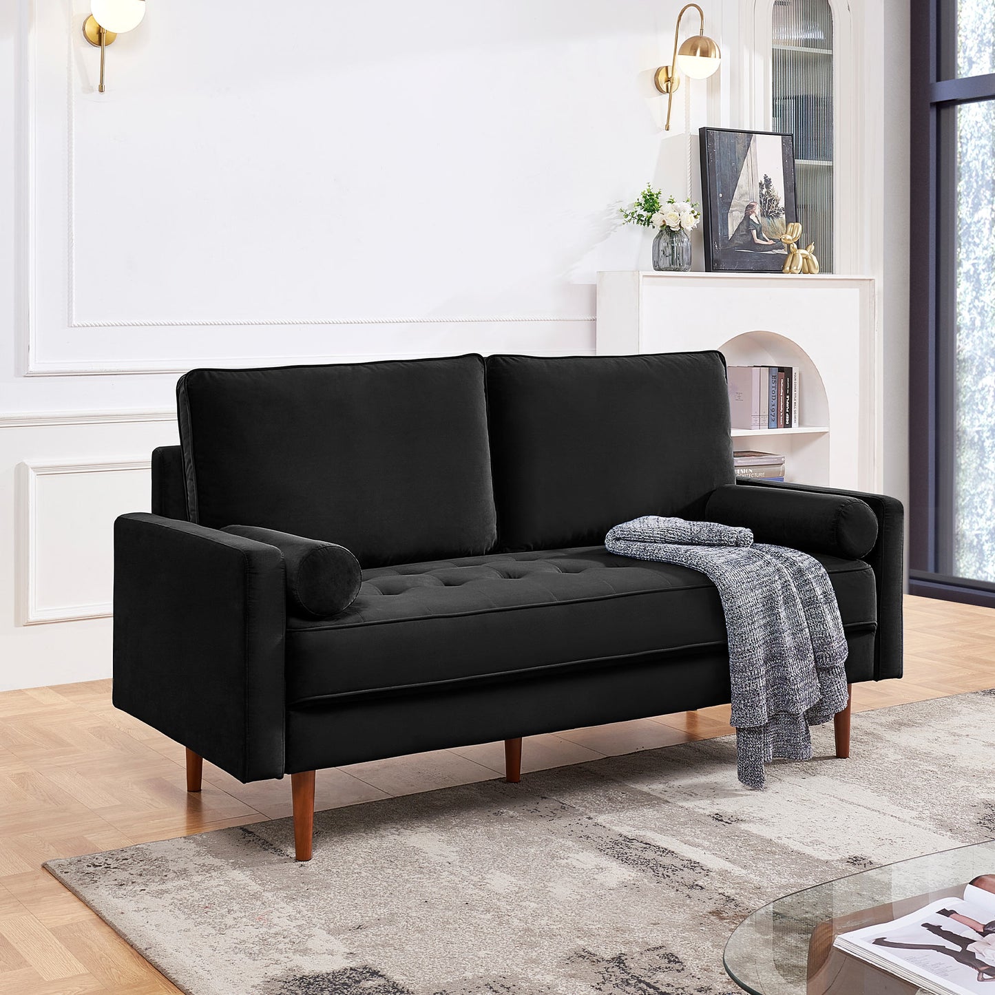 Dormily 69 inch Velvet Sofa: Modern Sofa Mid-Century Style, 3-Seater Modern Couch with 2 Bolster Pillows - Perfect for Living Rooms, Bedrooms, Home Offices, and Apartments