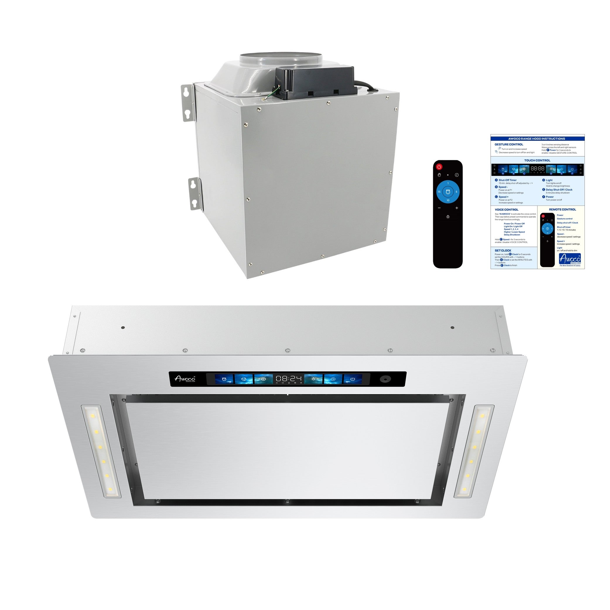 Awoco RH-IT08-GV Flush Ceiling Mount Split Insert Range Hood with Voice, Gesture, Touch, Remote Controls, 4-Speed 800 CFM Stainless Steel Hood with 8” Round Vent LED Lights