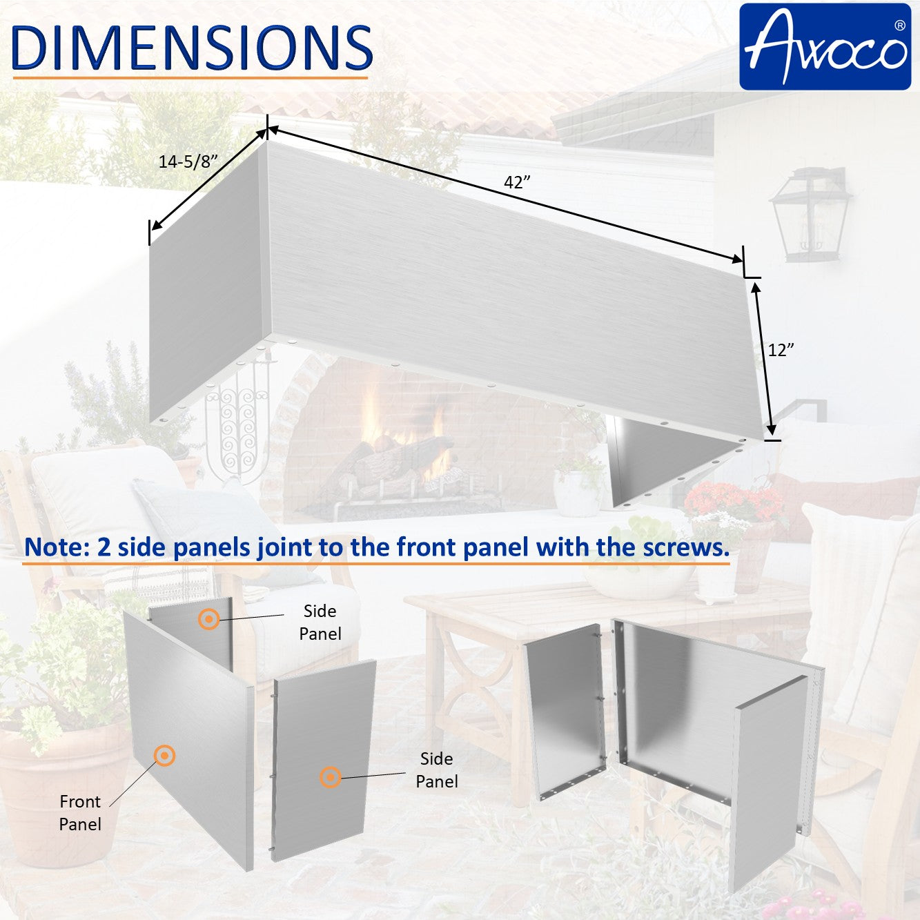 Awoco 42" Outdoor BBQ Vent Hood 18" High Type 304 Stainless Steel, 4 Speeds 2000 CFM, Dual Blowers, Adjustable LED Lights, 8” Round Top Vent + 12"H Chimney Cover.