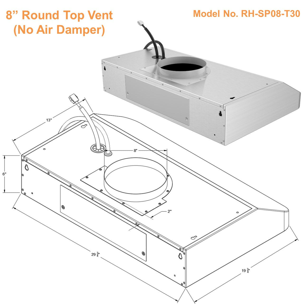 Awoco RH-SP08-T Super Quiet Split Stainless Steel Under Cabinet Range Hood, 4 Speeds 8" Round Top Vent 1000CFM with LED Lights