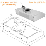 Awoco RH-SP08-T Super Quiet Split Stainless Steel Under Cabinet Range Hood, 4 Speeds 8" Round Top Vent 1000CFM with LED Lights