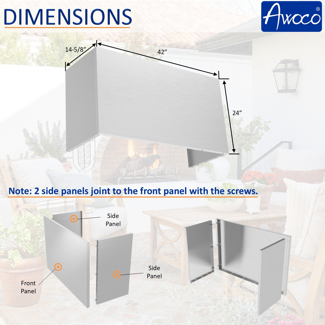 Awoco 42" Outdoor BBQ Vent Hood 18" High Type 304 Stainless Steel, 4 Speeds 2000 CFM, Dual Blowers, Adjustable LED Lights, 8” Round Top Vent + 24"H Chimney Cover.