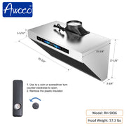 Awoco RH-SX Under Cabinet Range Hood, Side-Draft Design, 4 Speeds Exhaust Fan with 800 CFM, Voice, Gesture, Touch & Remote Control, 6" Vent, Dimmable LED Light Bars
