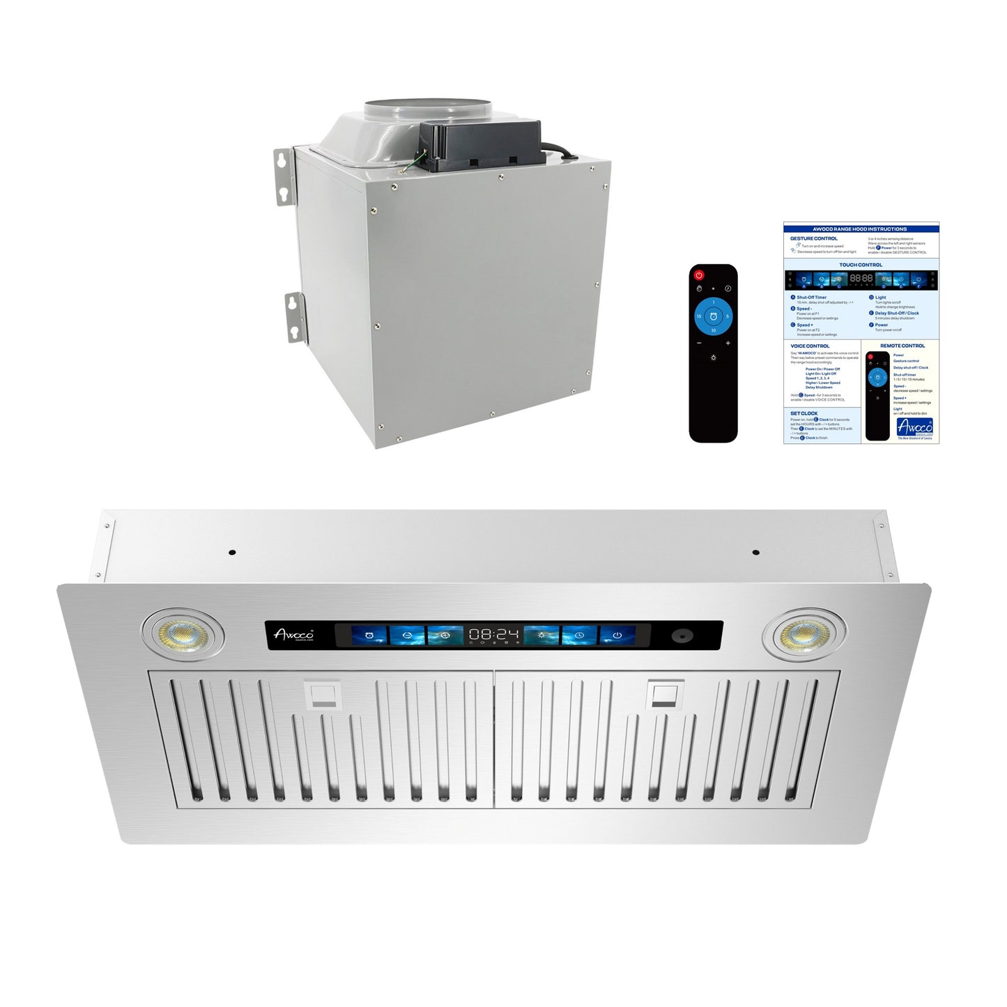 Awoco RH-IT08-V Ceiling Insert Mount Split Quiet Range Hood with Voice, Gesture, Touch, Remote Controls, 1000 CFM Kitchen Hood with 4-Speed Exhaust Fan, Stainless Steel Stove Hood with 8" Blower