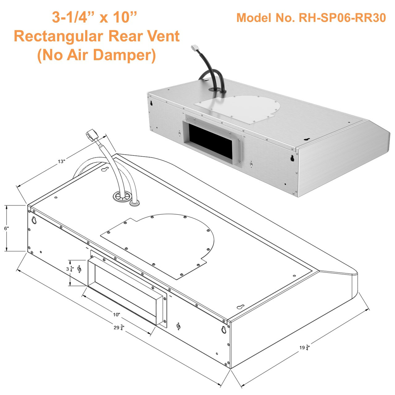 Awoco RH-SP06-RR Super Quiet Split Stainless Steel Range Hood, 4 Speeds 800CFM Rectangular Rear Vent with LED Lights