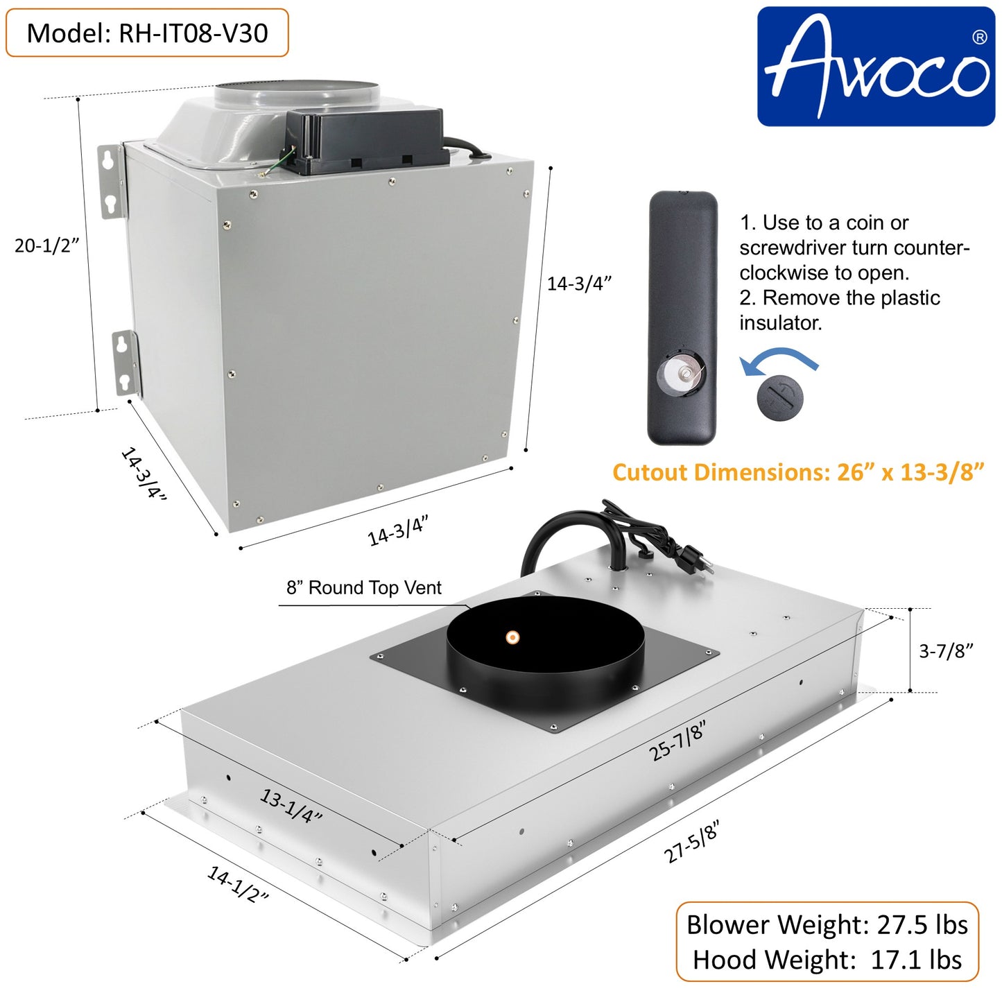 Awoco RH-IT08-V Ceiling Insert Mount Split Quiet Range Hood with Voice, Gesture, Touch, Remote Controls, 1000 CFM Kitchen Hood with 4-Speed Exhaust Fan, Stainless Steel Stove Hood with 8" Blower