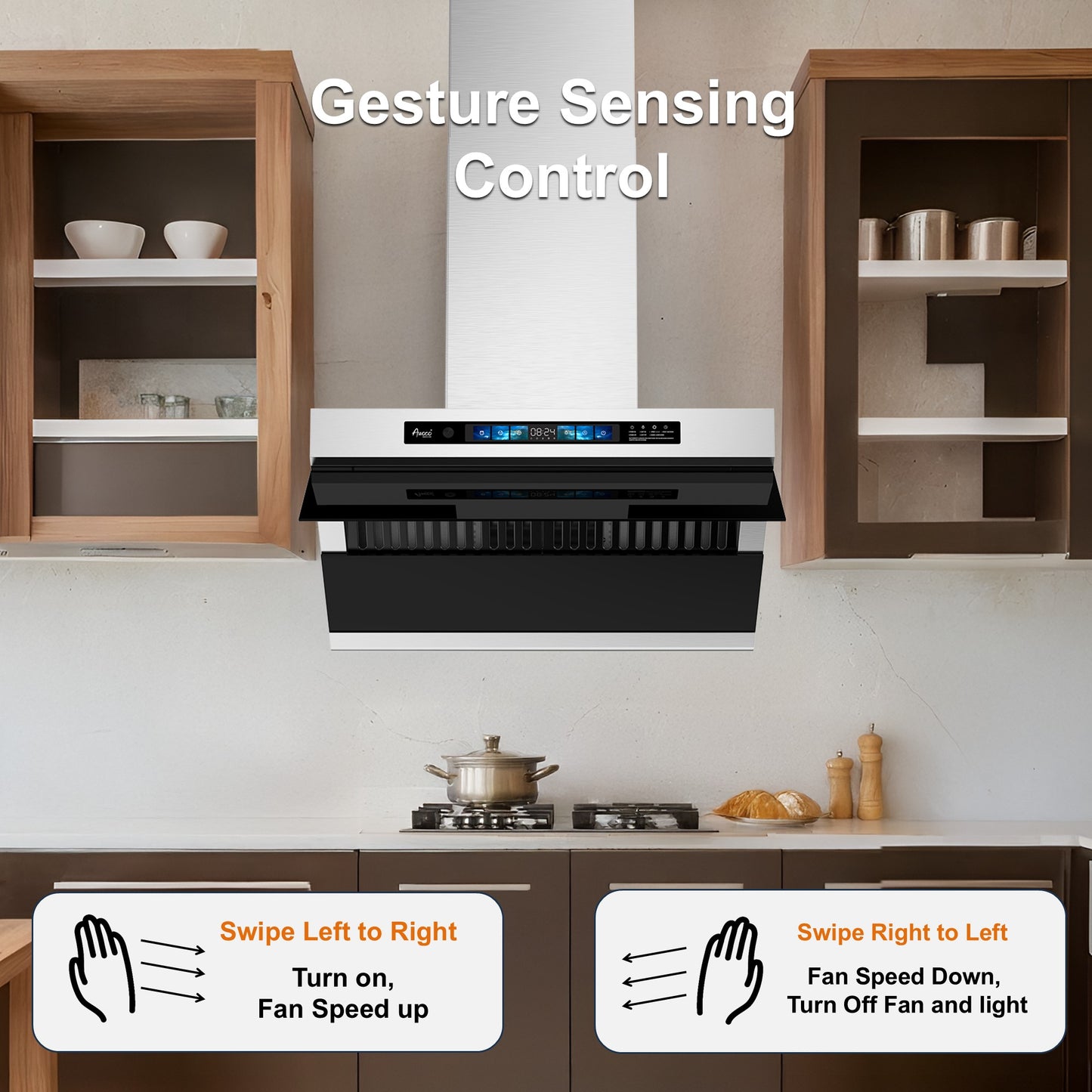 Awoco RH-SX Wall Mount Range Hood, Side-Draft Design, 4 Speeds Exhaust Fan with 800 CFM, Voice, Gesture, Touch & Remote Control, 6" Vent, Dimmable LED Light Bars