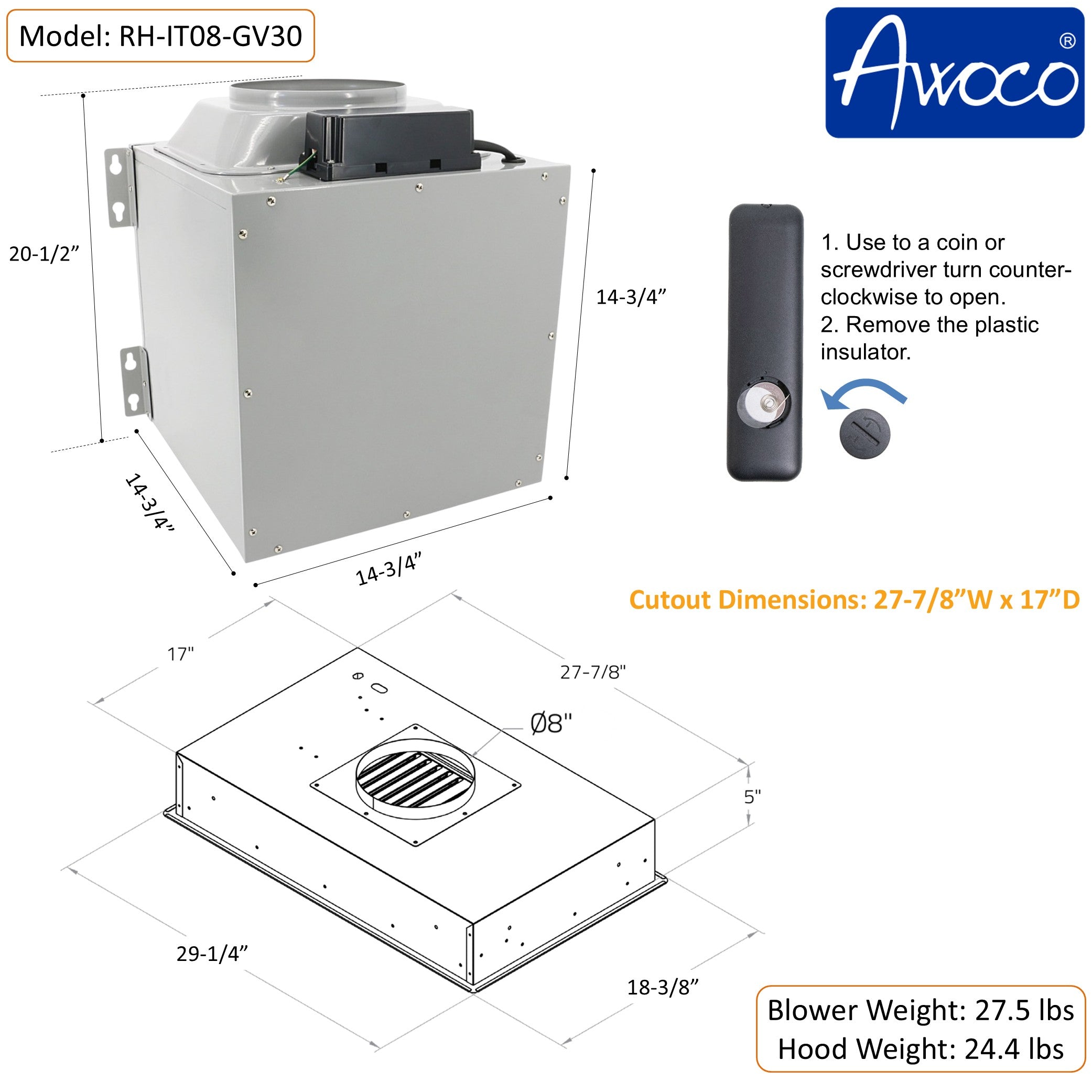 Awoco RH-IT06-GV Flush Ceiling Mount Split Insert Range Hood with Voice, Gesture, Touch, Remote Controls, 4-Speed 800 CFM Stainless Steel Hood with 6” Round Vent LED Lights