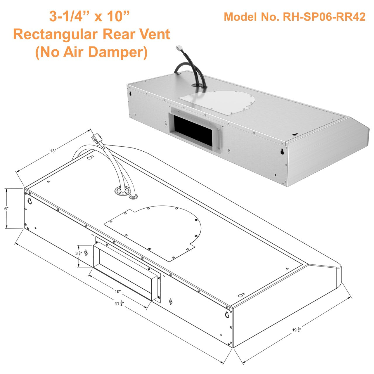 Awoco RH-SP06-RR Super Quiet Split Stainless Steel Range Hood, 4 Speeds 800CFM Rectangular Rear Vent with LED Lights