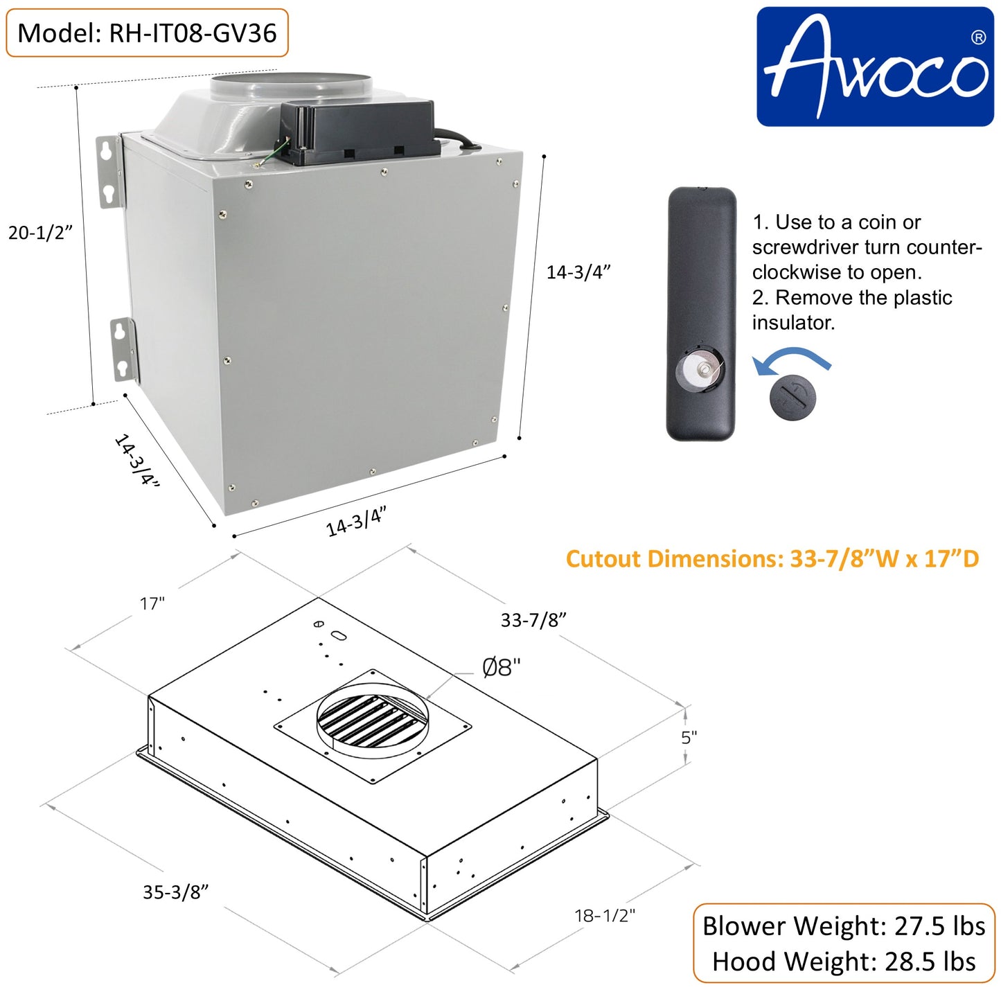 Awoco RH-IT06-GV Flush Ceiling Mount Split Insert Range Hood with Voice, Gesture, Touch, Remote Controls, 4-Speed 800 CFM Stainless Steel Hood with 6” Round Vent LED Lights