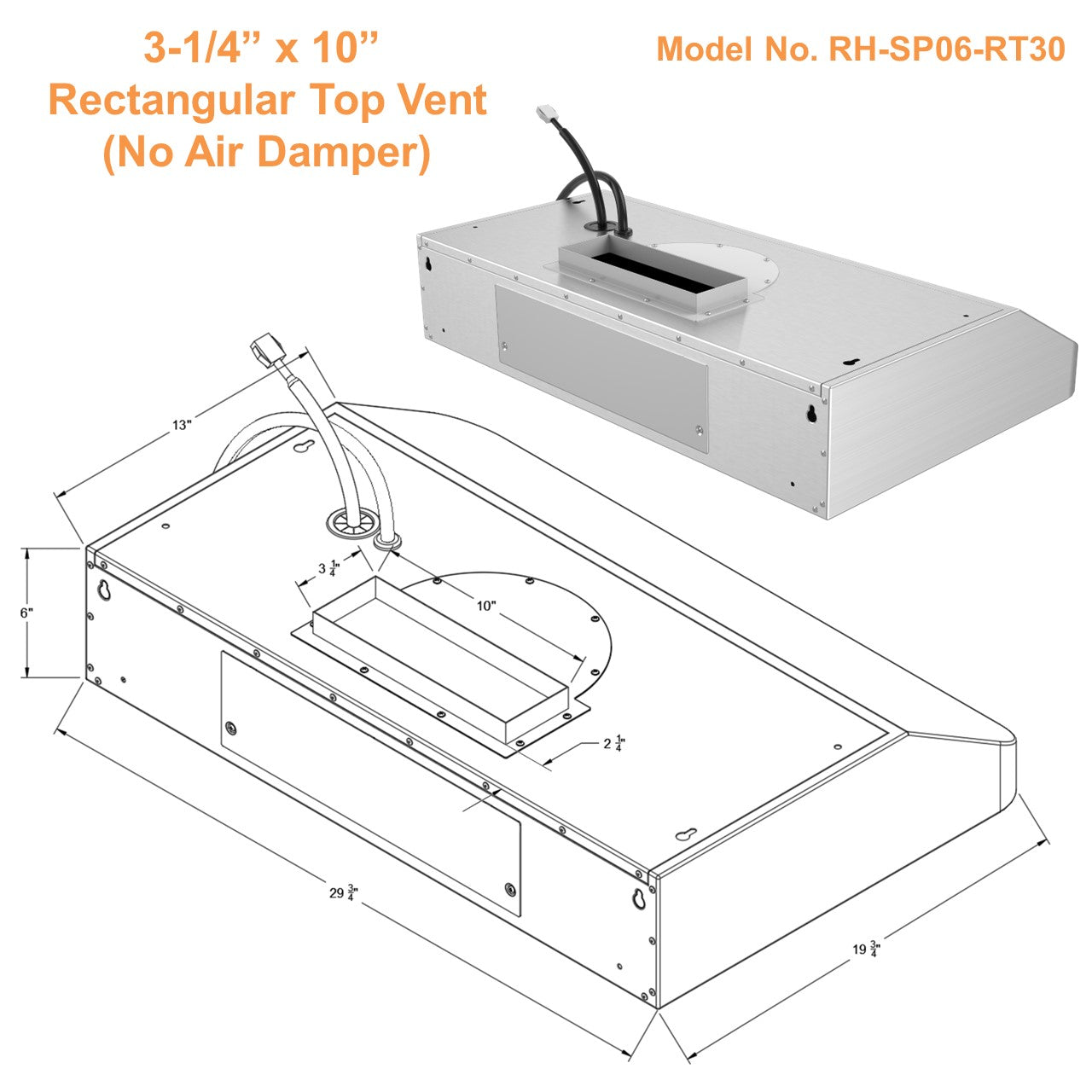 Awoco RH-SP06-RT Super Quiet Split Stainless Steel Range Hood, 4 Speeds 800CFM Rectangular Top Vent with LED Lights