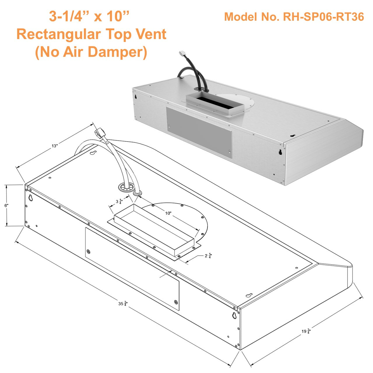 Awoco RH-SP06-RT Super Quiet Split Stainless Steel Range Hood, 4 Speeds 800CFM Rectangular Top Vent with LED Lights