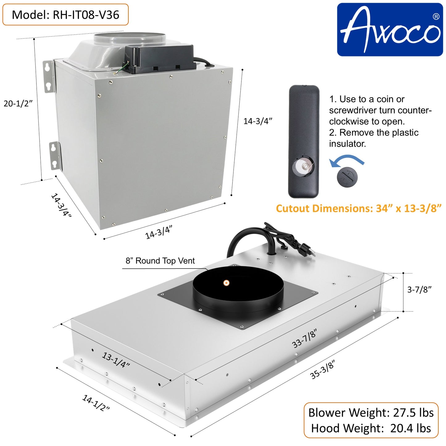 Awoco RH-IT08-V Ceiling Insert Mount Split Quiet Range Hood with Voice, Gesture, Touch, Remote Controls, 1000 CFM Kitchen Hood with 4-Speed Exhaust Fan, Stainless Steel Stove Hood with 8" Blower