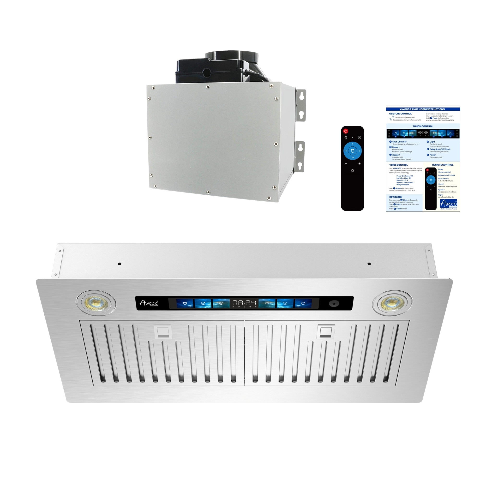 Awoco RH-IT06-V Ceiling Insert Mount Split Quiet Range Hood with Voice, Gesture, Touch, Remote Controls, 800 CFM Kitchen Hood with 4-Speed Exhaust Fan, Stainless Steel Stove Hood with 6" Blower