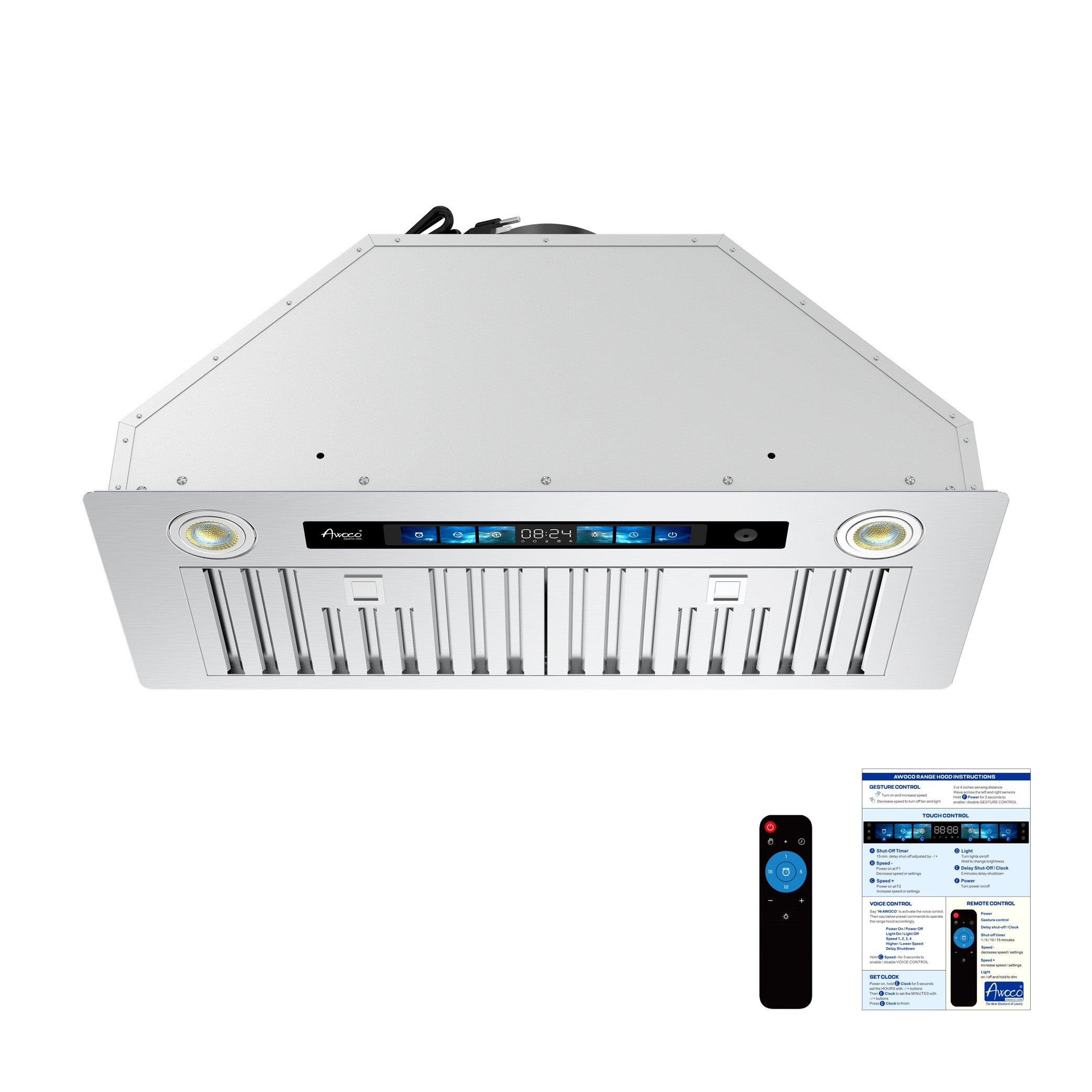 Awoco RH-BQ-V Built-in Insert Stainless Steel Range Hood with 4-Speed Exhaust Fan, Voice, Gesture, Touch & Remote Controls, 6" Round Top Vent, 800 CFM, Dimmable LED Lights, Baffle Filters