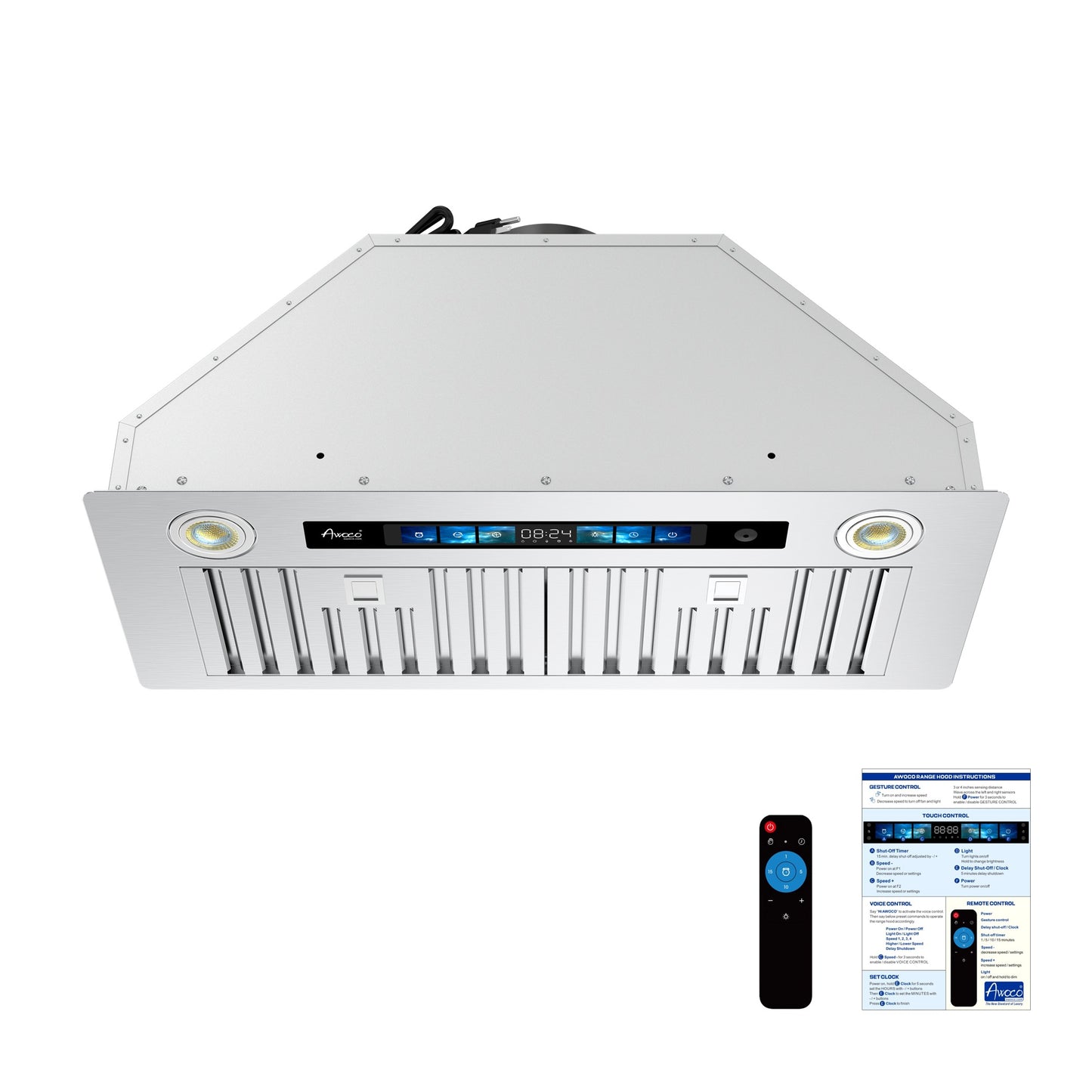 Awoco RH-BQ-V Built-in Insert Stainless Steel Range Hood with 4-Speed Exhaust Fan, Voice, Gesture, Touch & Remote Controls, 6" Round Top Vent, 800 CFM, Dimmable LED Lights, Baffle Filters