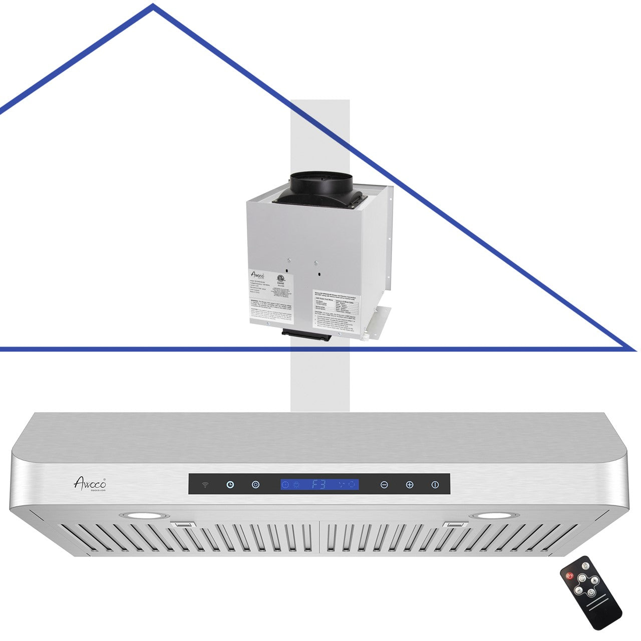 Awoco RH-SP06-RT Super Quiet Split Stainless Steel Range Hood, 4 Speeds 800CFM Rectangular Top Vent with LED Lights