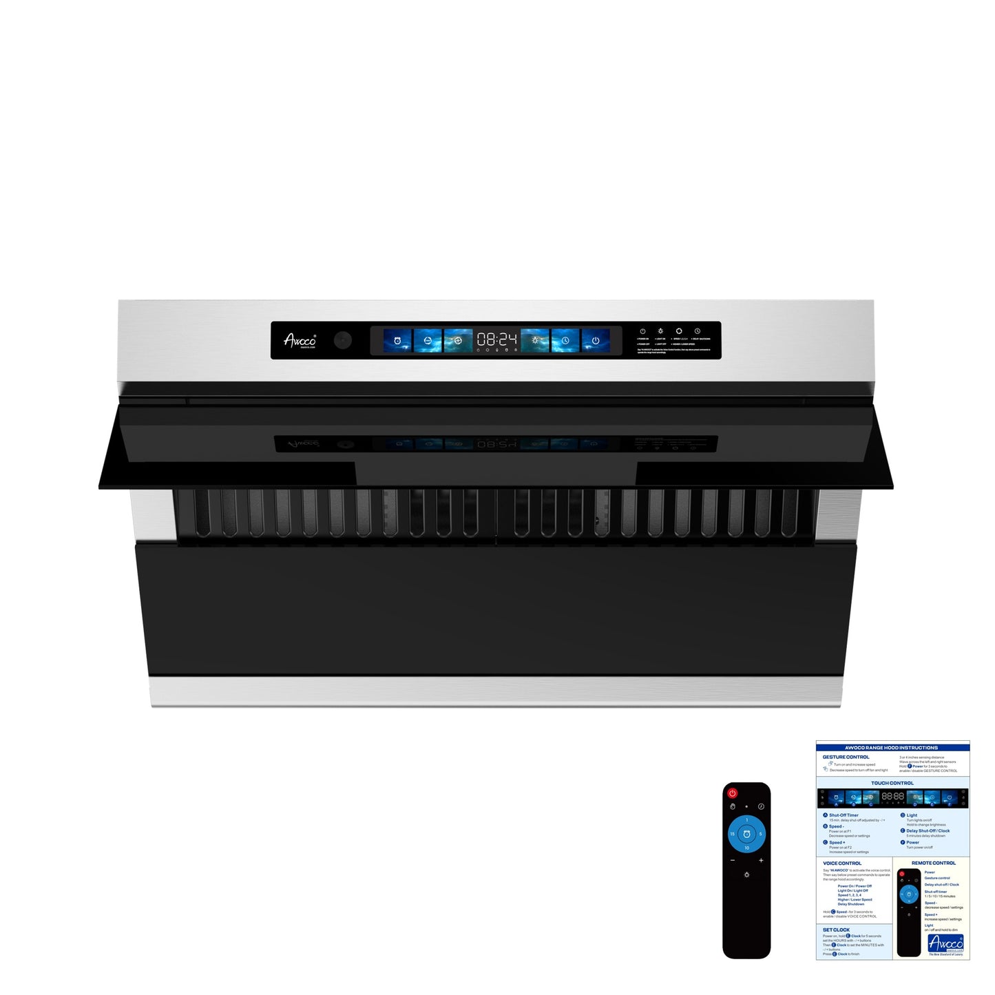 Awoco RH-SX Under Cabinet Range Hood, Side-Draft Design, 4 Speeds Exhaust Fan with 800 CFM, Voice, Gesture, Touch & Remote Control, 6" Vent, Dimmable LED Light Bars